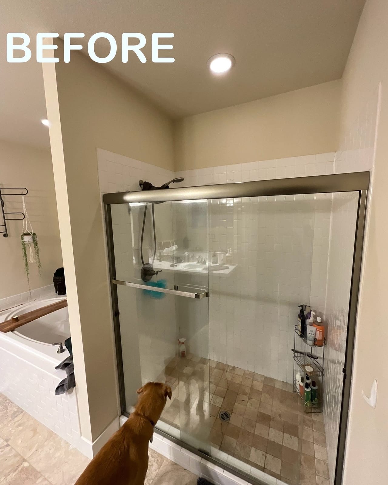 Before: framed sliding-door shower in a West Slope master bathroom, ahead of a remodel by K&H Construction